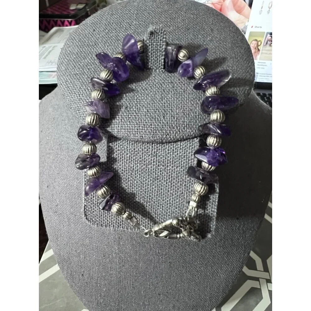 Sterling Silver Hearts Toggle Clasp Amethyst and Silver Beaded Bracelet 7.25 In